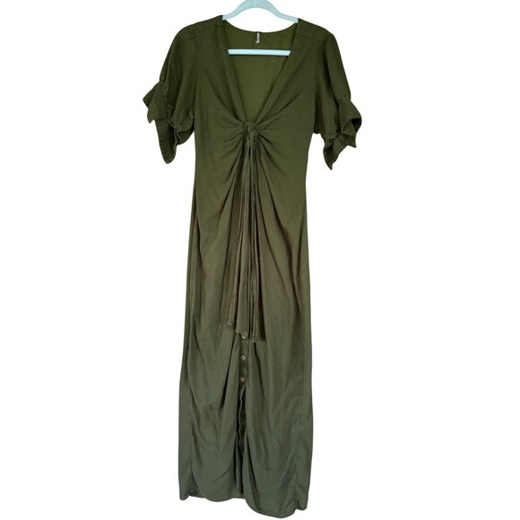 Free People Dresses & Skirts - Free People Olive Green Vintage Summer Midi Dress With Button-Front & Tie Detail